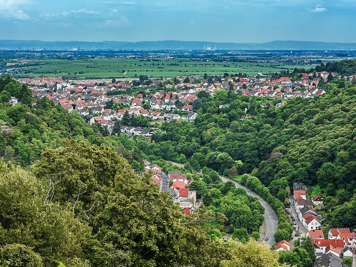 Panoramablick auf ein von Wald umgebenes Städtchen in einem Tal mit Feldern und Industrieanlagen im Hintergrund.