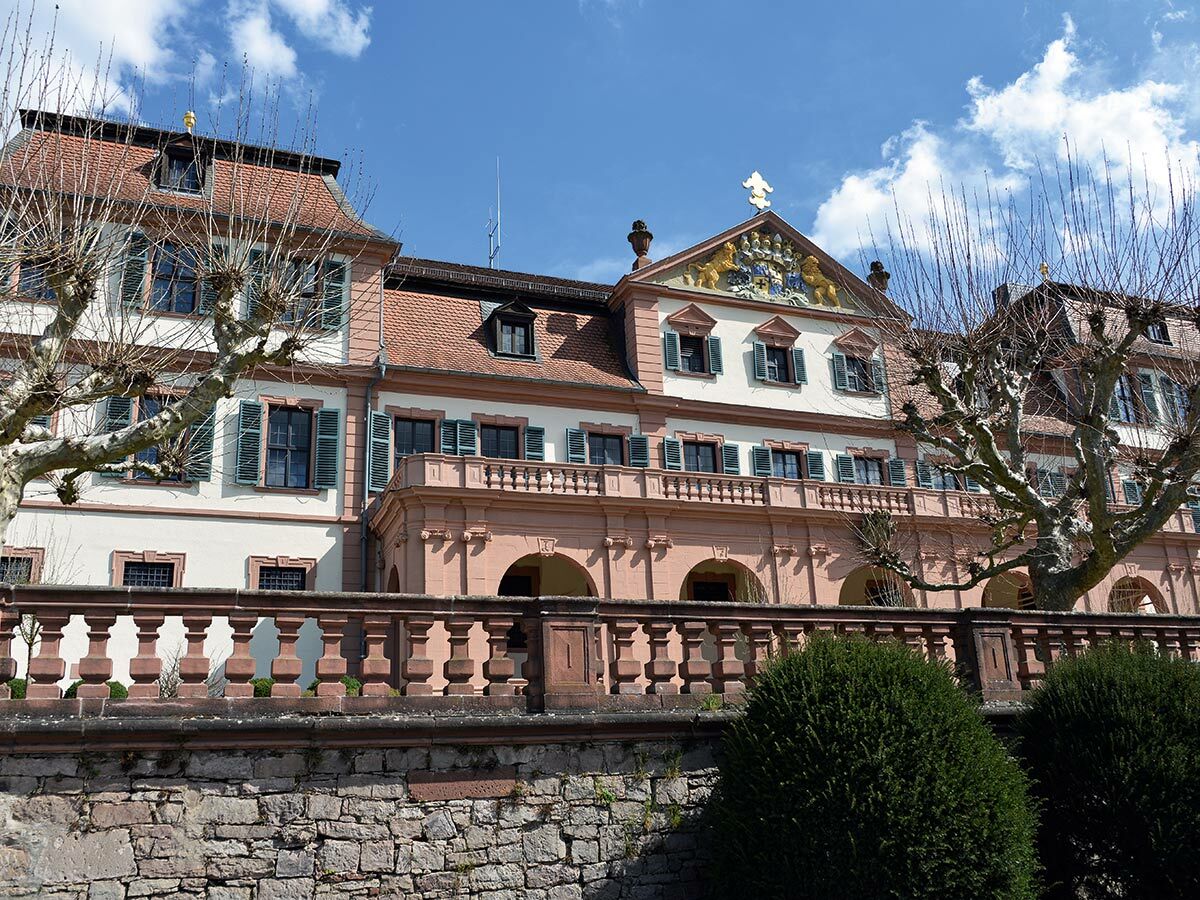 Ansicht eines historischen Schlosses mit rotem Dach, weißen Wänden, grünen Fensterläden und einer Balustrade unter blauem Himmel.