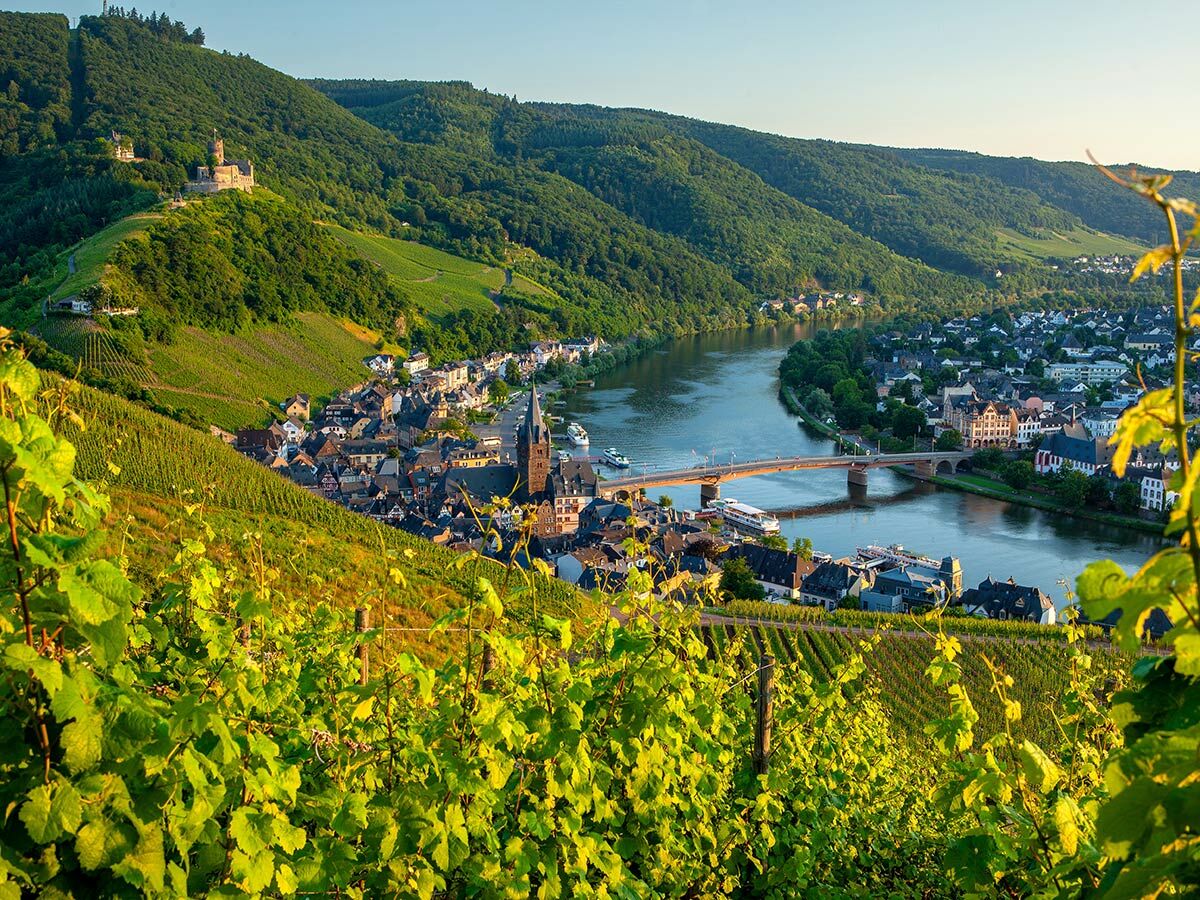 Malerisches Dorf im Moseltal mit Weinbergen, Burg auf Hügel, Fluss und Brücke bei Sonnenaufgang, Deutschland.