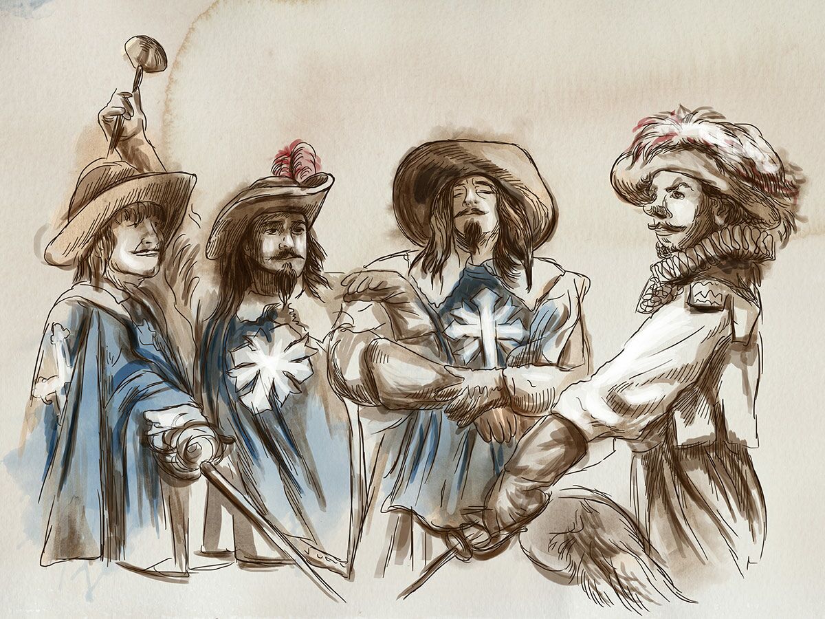 Vier historische Musketiere im 17. Jahrhundert, einer hält eine Kelle hoch, in gezeichnetem Aquarellstil dargestellt.