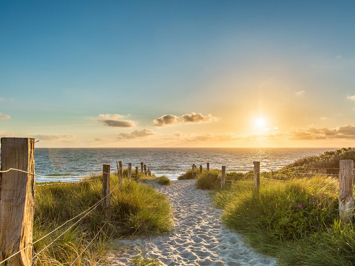 Sandiger Pfad führt durch grüne Dünen zum Meer bei einem strahlenden Sonnenuntergang am Strand, umzäunt von Holzpfosten.