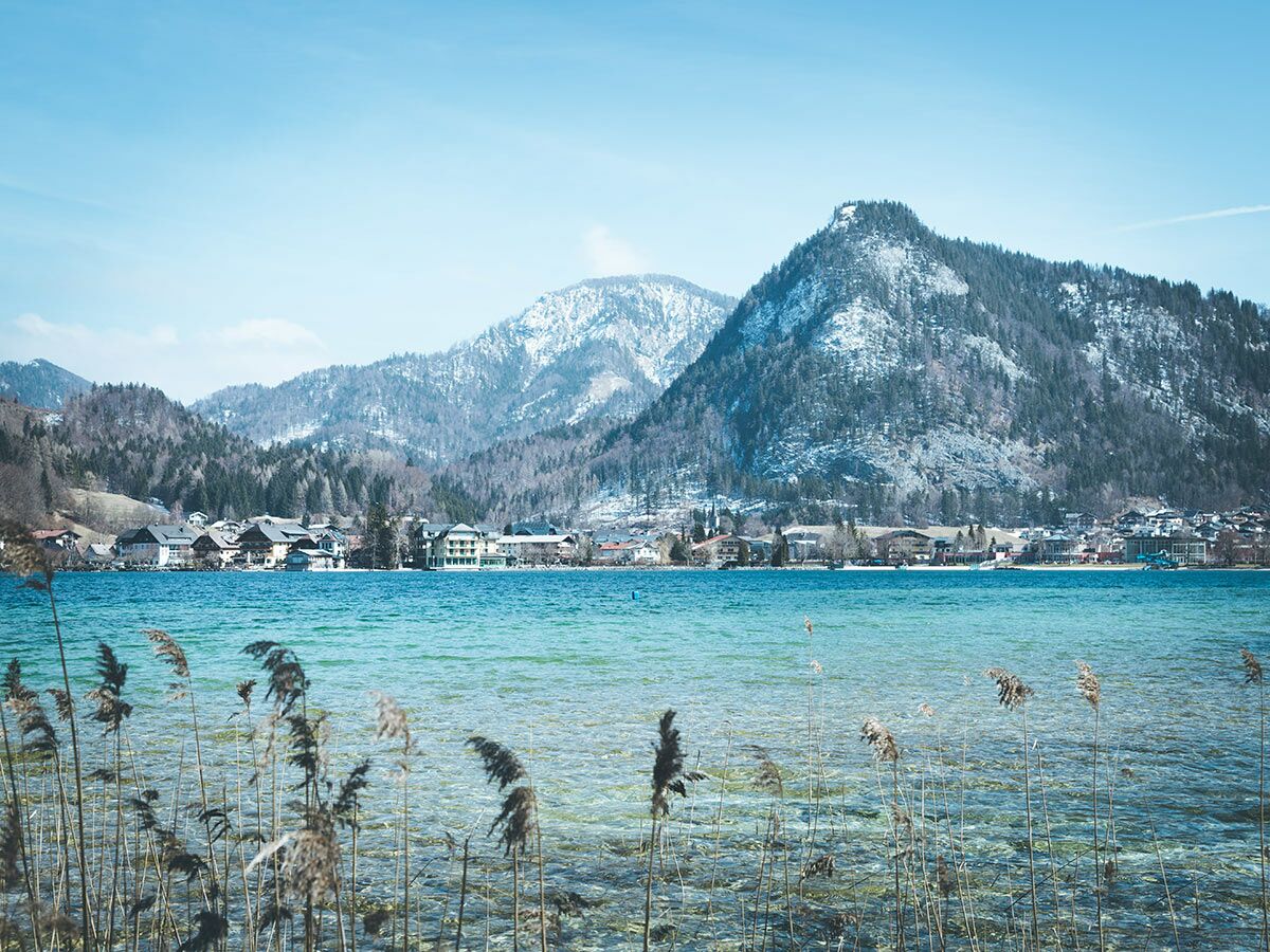 Panoramablick über einen türkisblauen Alpensee mit Schilf im Vordergrund, einem Dorf am Ufer und schneebedeckten Bergen im Hintergrund unter blauem Himmel.