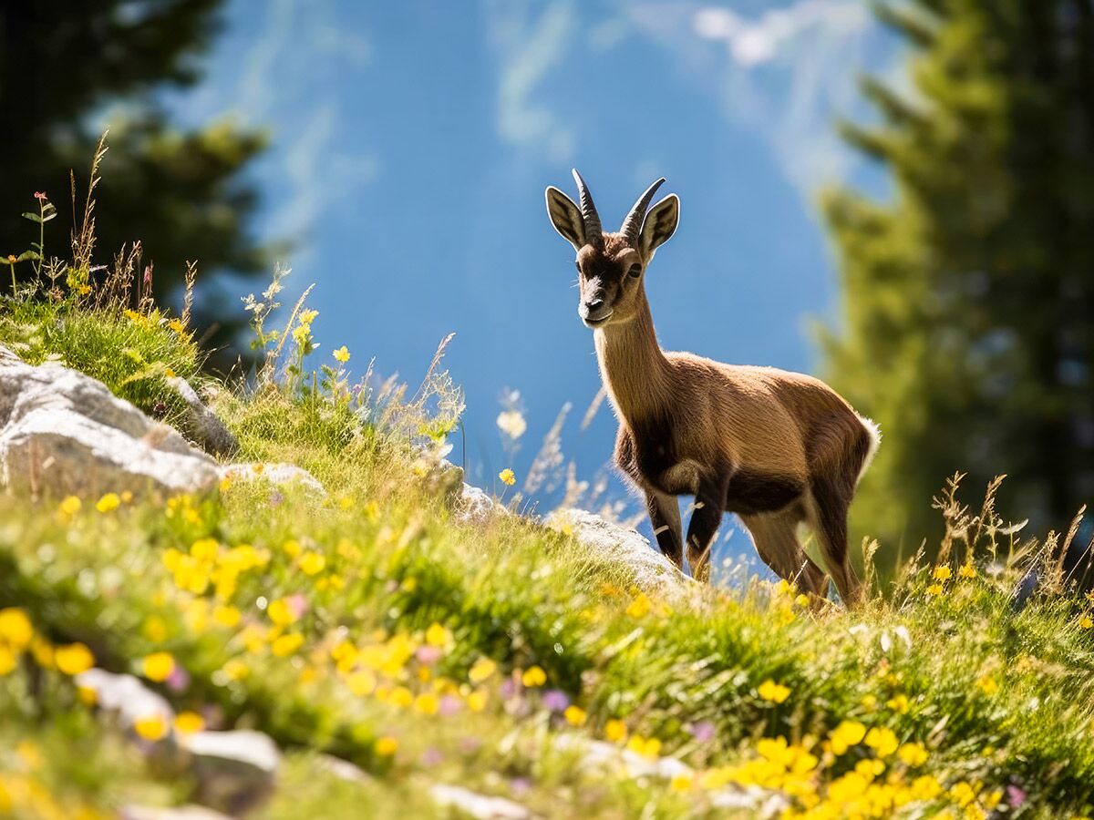 Junges Gams steht auf sonniger Alpenwiese mit gelben Blumen und blauem Himmel, blickt zur Kamera.
