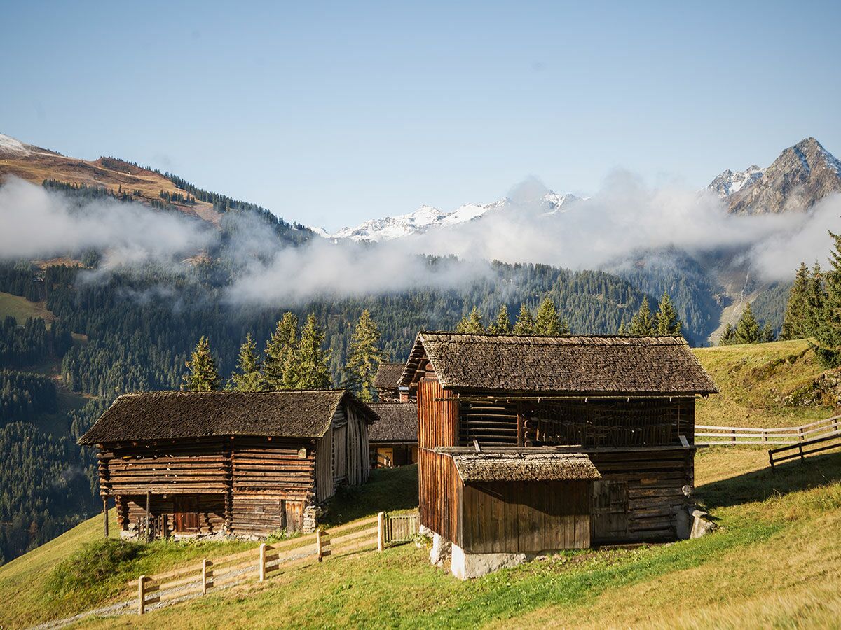 Mehrere traditionelle Almhütten aus Holz auf einem sonnigen Berghang mit Wäldern, Wolken und schneebedeckten Gipfeln.