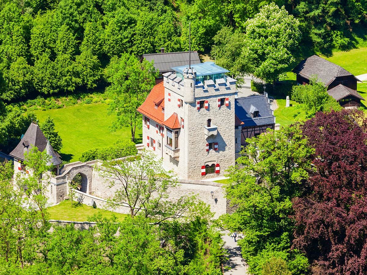 Luftaufnahme einer historischen Burg mit roten Dächern und Turm, umgeben von grünen Wäldern und Wiese an einem sonnigen Tag.