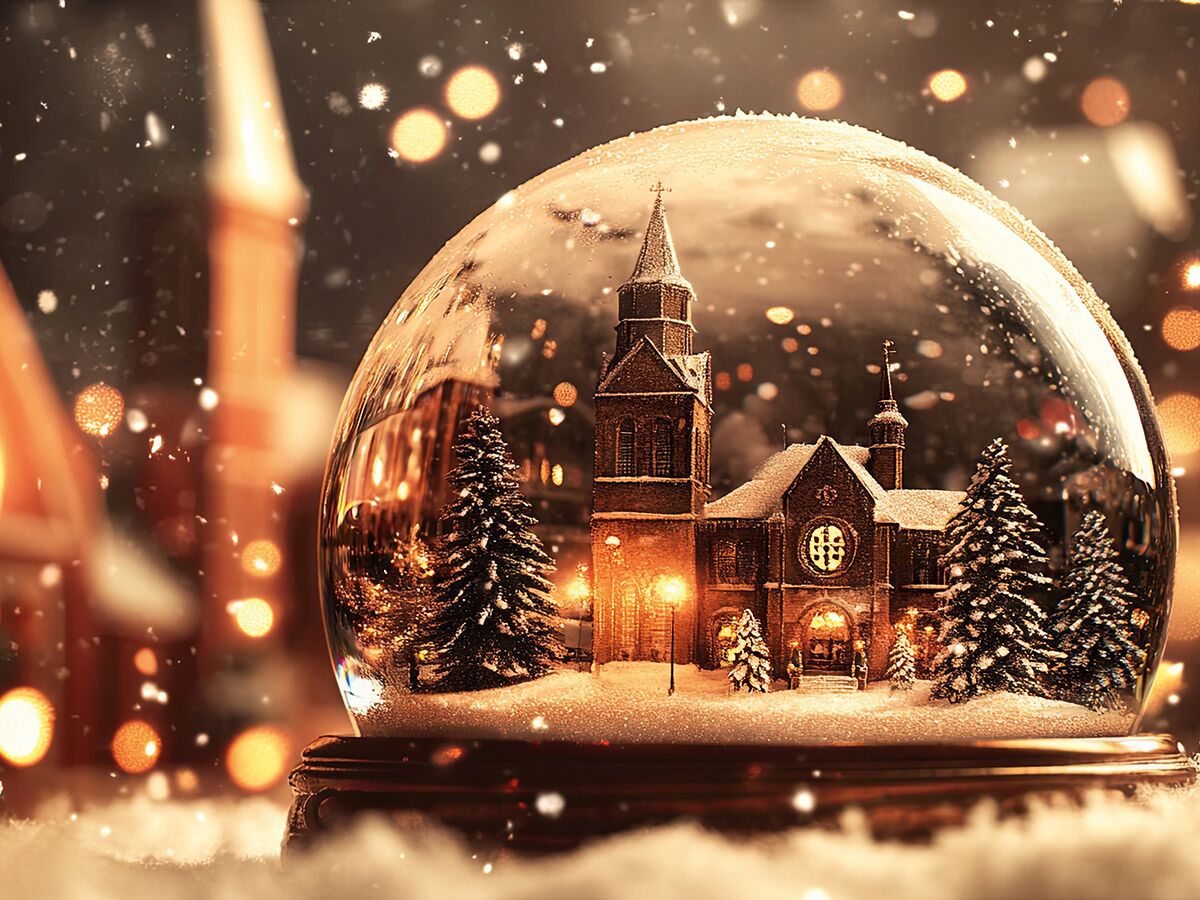 Festliche Schneekugel mit beleuchteter Kirche und Tannenbäumen im Schnee, umgeben von warmen Weihnachtslichtern.