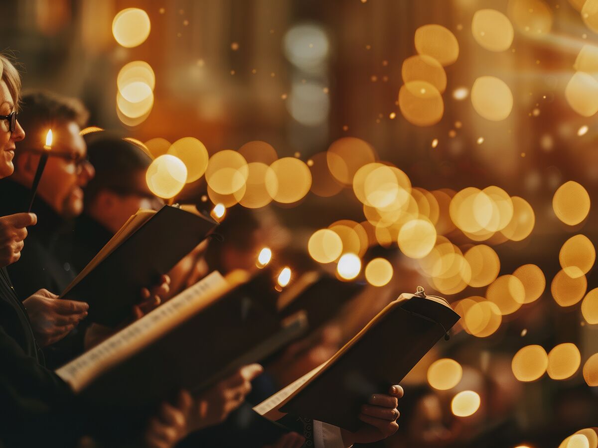 Ein Chor singt bei Kerzenschein in einer Kirche, mit goldenen Bokeh-Lichtern im Hintergrund. Eine Frau hält Noten und Kerze.