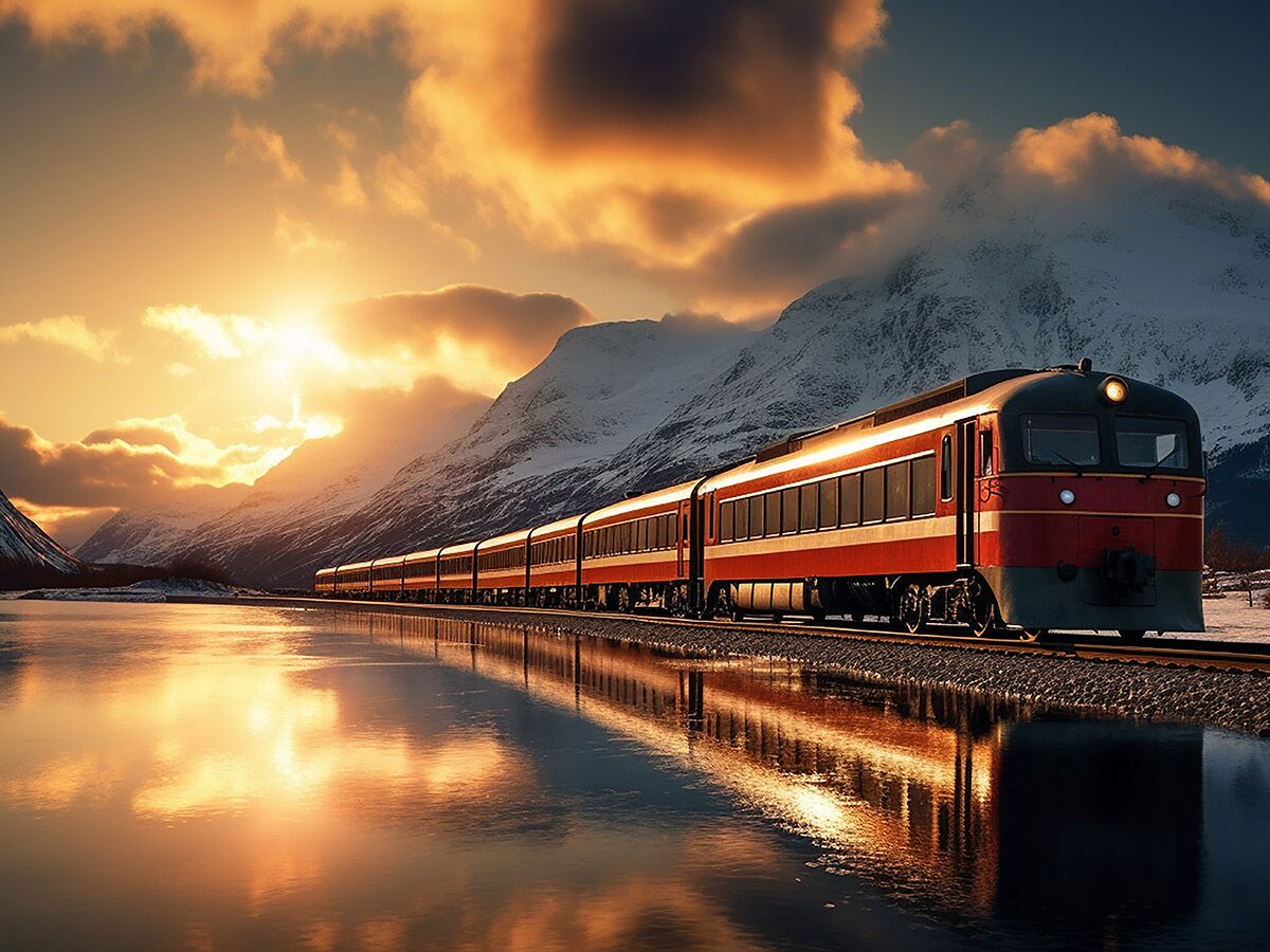 Roter Zug fährt auf Gleisen durch schneebedeckte Berge bei Sonnenuntergang, mit goldener Reflexion im See.