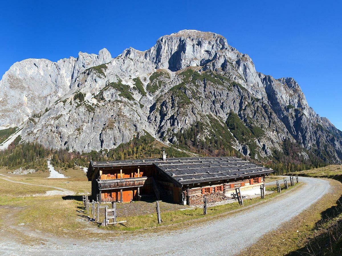 Eine rustikale Alpenhütte aus Holz steht in einer weiten Wiese vor imposanten, felsigen Bergen unter strahlend blauem Himmel. Ein Schotterweg führt zur Hütte.