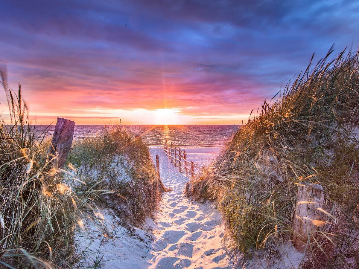 Lebhafter Sonnenuntergang über einem Sandstrandweg, der zum Meer führt, gesäumt von goldenen Dünen und Pfosten.