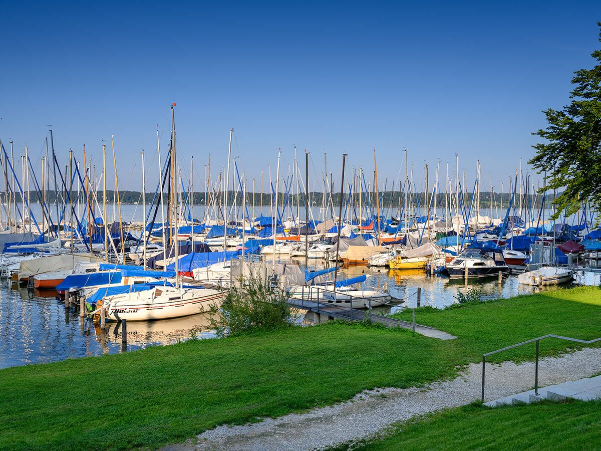 Viele Segelboote liegen im ruhigen Hafen an einem See unter strahlend blauem Himmel, mit grüner Wiese im Vordergrund.