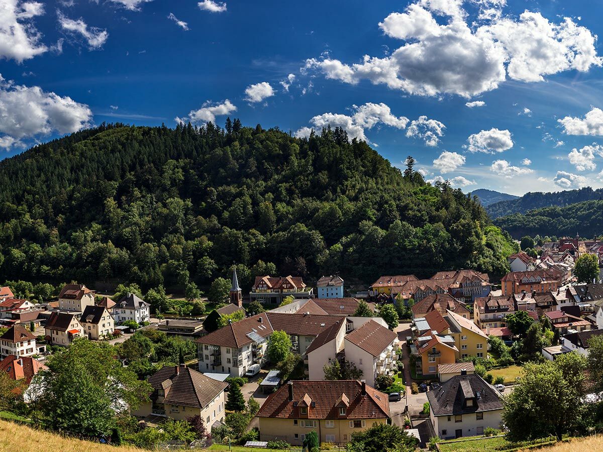 Panoramablick auf idyllisches Dorf im Tal, umgeben von grünen Wäldern, Häusern mit roten Dächern und Kirchturm unter blauem Himmel.