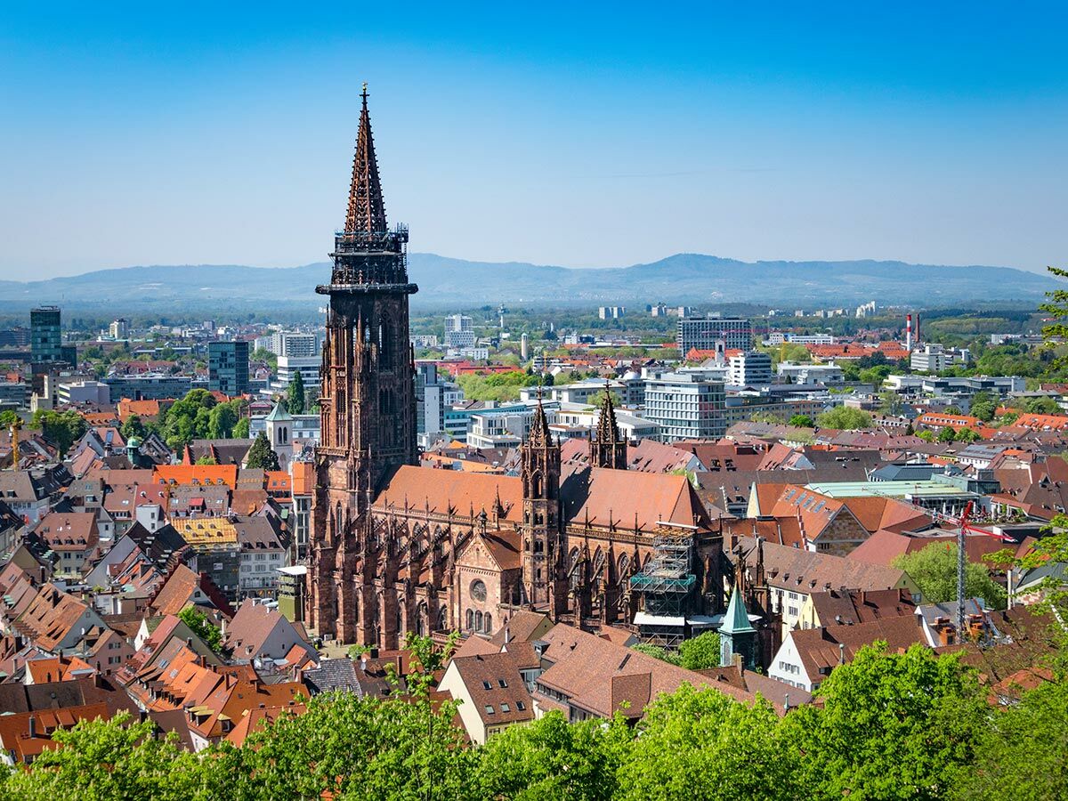 Panoramablick auf Freiburg mit dem Münster, roten Dächern, grünen Bäumen und Bergen unter blauem Himmel.