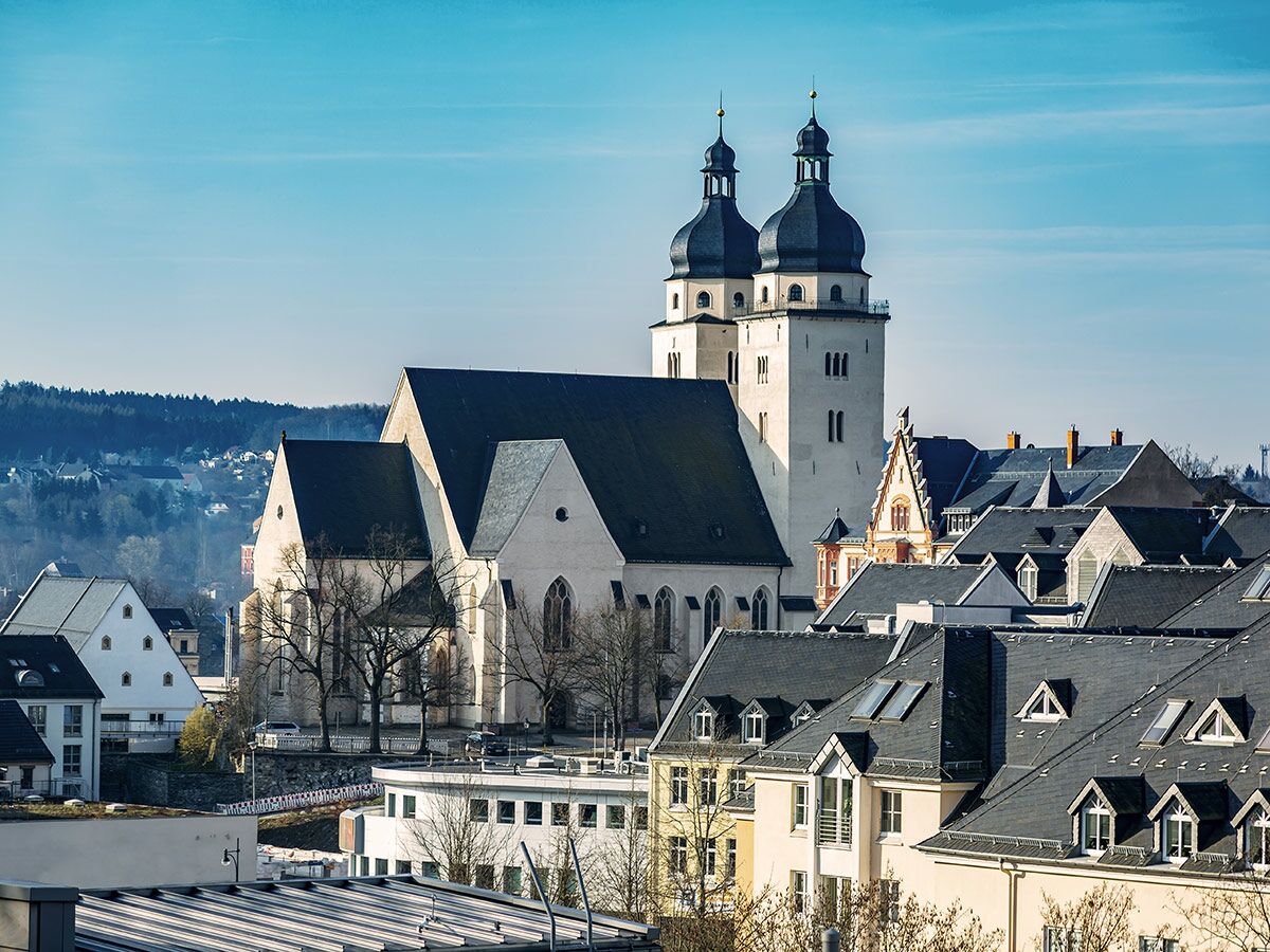 Panoramablick auf die St. Wolfgang Kirche in Schneeberg mit Zwiebeltürmen, umgeben von Dächern und Wald unter blauem Himmel.
