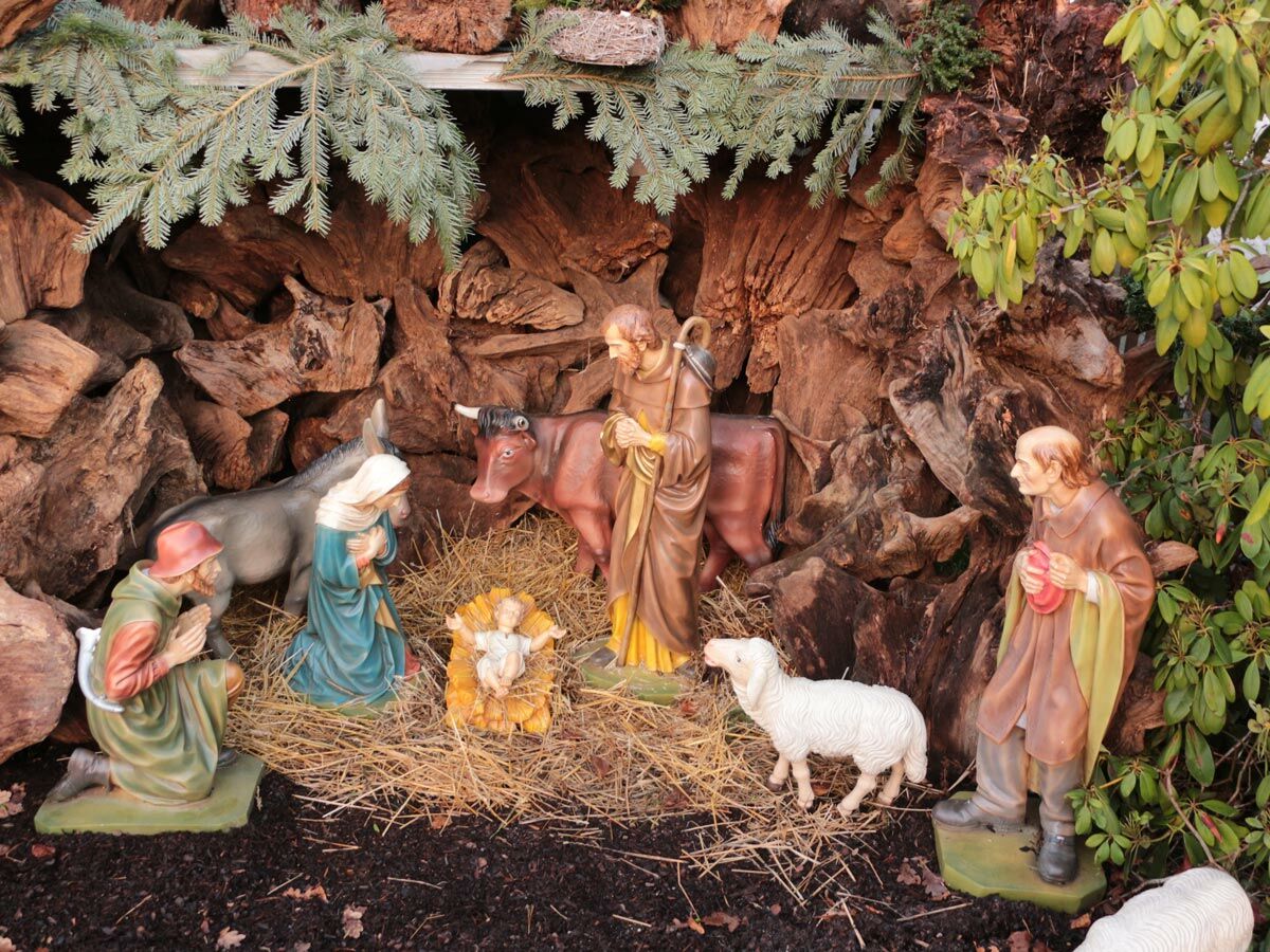 Detailreiche Weihnachtskrippe mit Maria, Josef, Jesuskind, Hirten, Esel, Ochse und Schafen in einer natürlichen Kulisse aus Holz und Stroh.