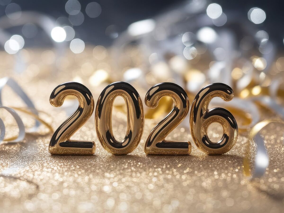 Goldene 3D-Zahlen "2026" auf glitzerndem Hintergrund mit Bokeh-Lichtern für Neujahrsfeier.