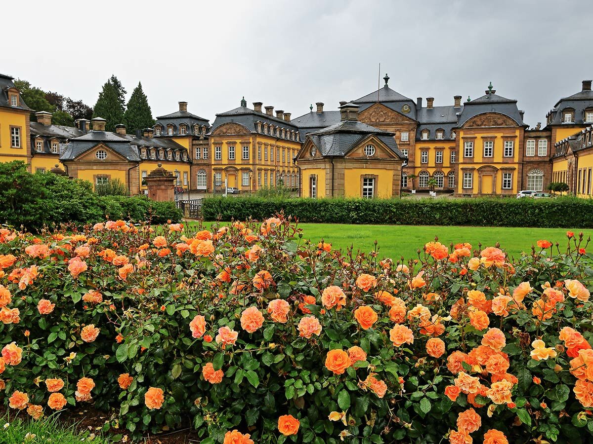 Prächtiges gelbes Barockschloss mit grauen Dächern hinter einem blühenden Garten aus leuchtend orangefarbenen Rosen.