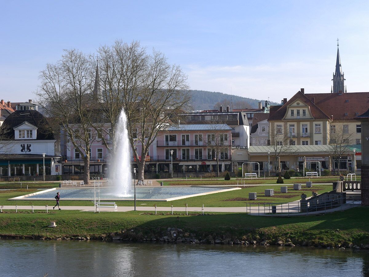 Blick auf einen Stadtpark mit großem Brunnen, Fluss, grünen Wiesen, Bäumen und historischen Gebäuden im Hintergrund bei Sonnenschein. Eine Person joggt.