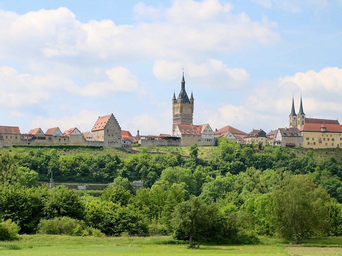 Blick auf die historische Stadt Neuenstein mit Schloss, St. Georg Kirche, alten Häusern und roten Dächern auf einem grünen Hügel.