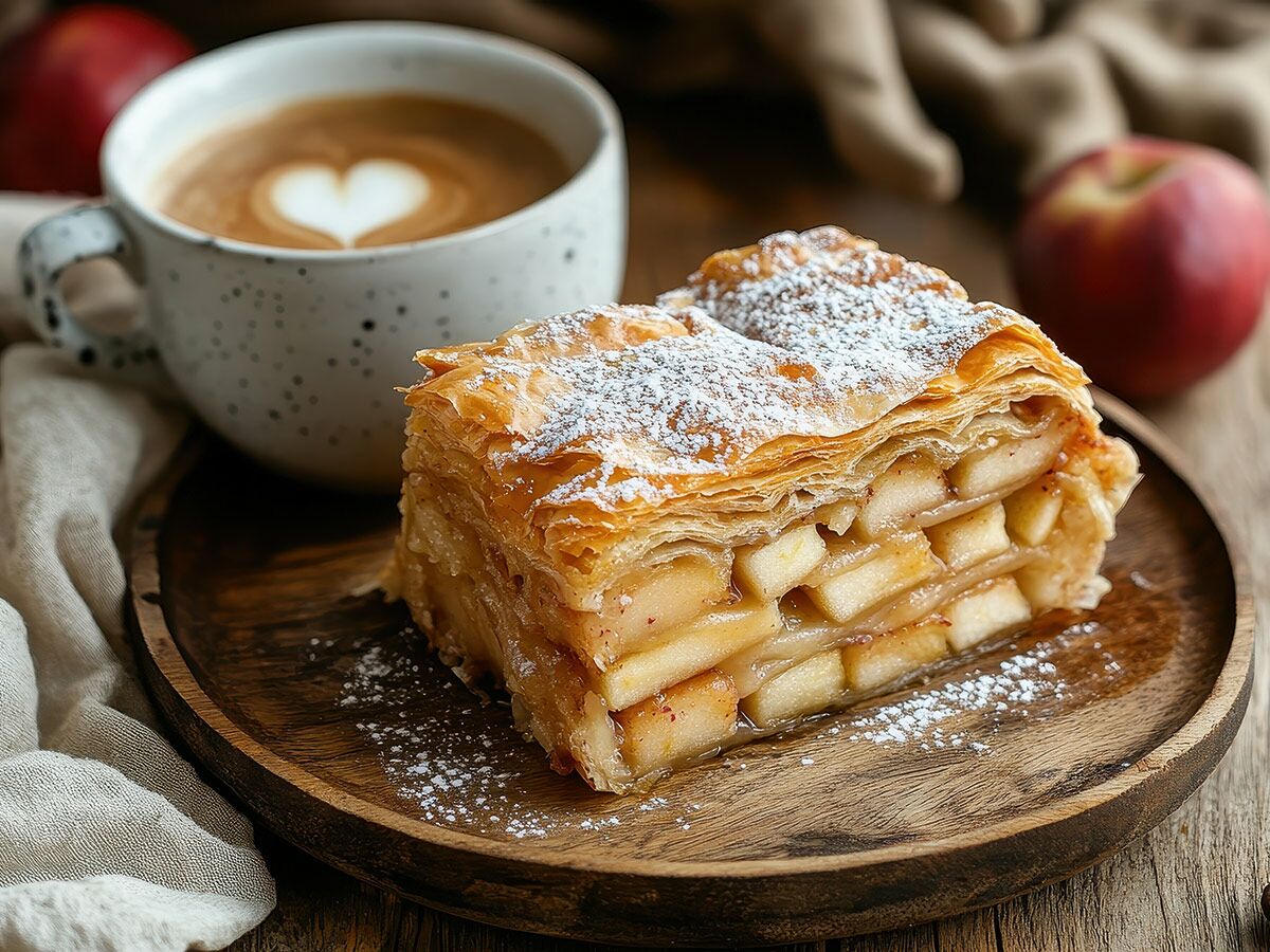 Ein Stück goldbrauner Apfelstrudel mit Puderzucker auf Holzbrett, daneben eine Tasse Kaffee mit Herz Latte Art und rote Äpfel.