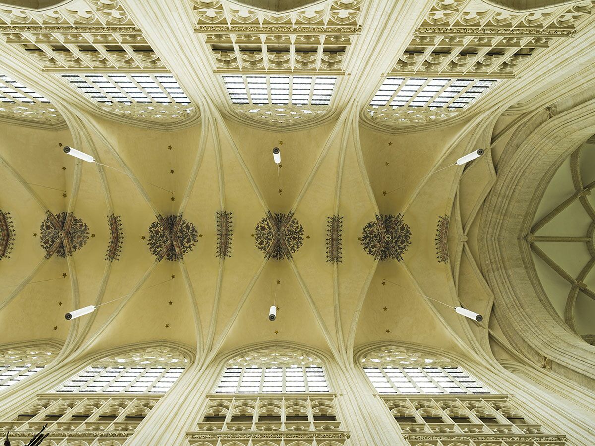 Detailansicht eines gotischen Rippengewölbes mit kunstvollen Schlusssteinen und hohen Fenstern in einer historischen Kirche.