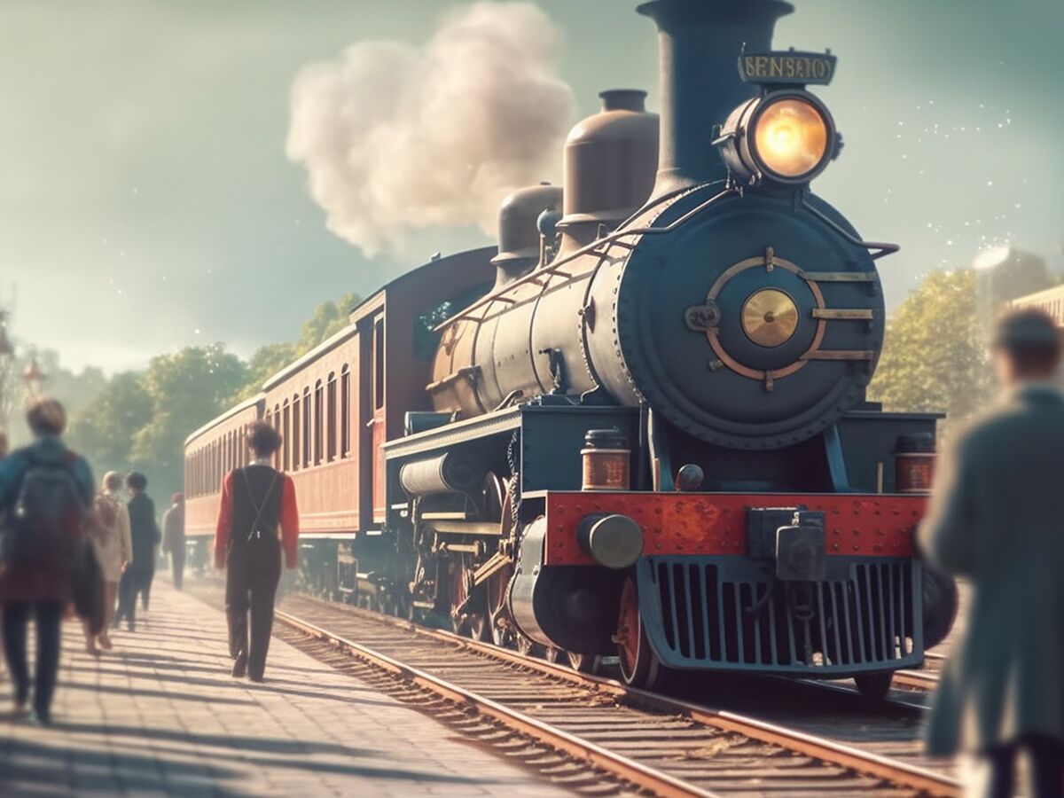 Historischer Dampfzug hält an einem belebten Bahnhof, Passagiere gehen über den Bahnsteig, bereit für die Abfahrt.