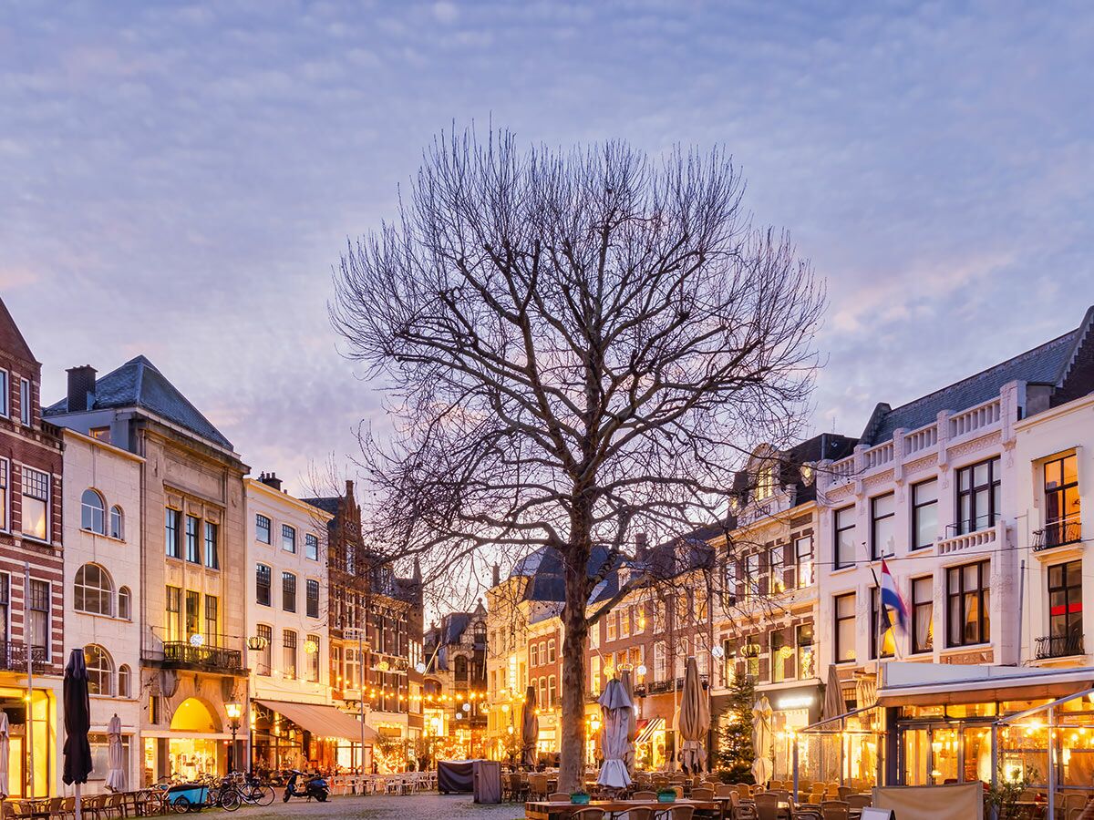 Historischer niederländischer Stadtplatz in der Dämmerung mit beleuchteten Cafés, Restaurants, Außensitzplätzen und einem markanten kahlen Baum.