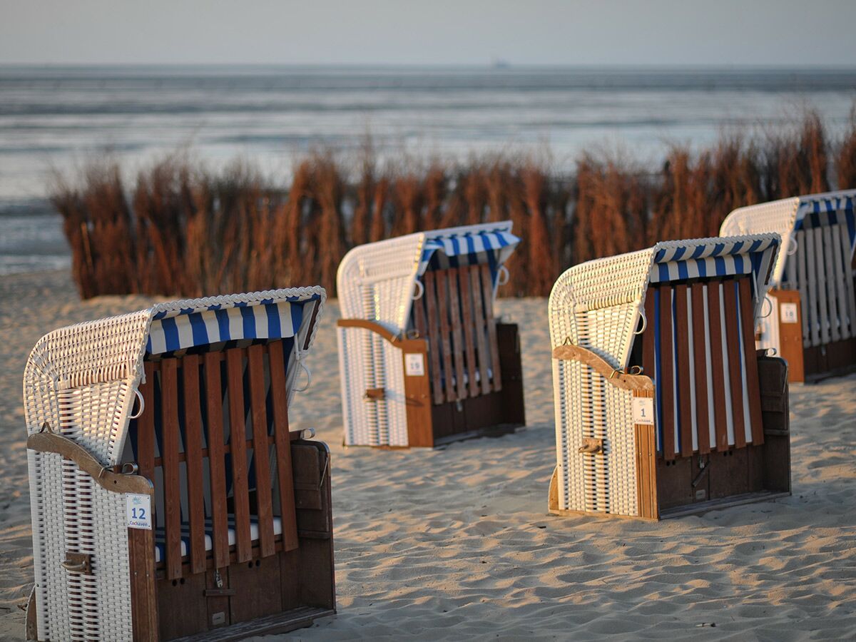Vier Strandkörbe mit blau-weißen Streifen stehen im Sand am Meer. Sonnenlicht erzeugt lange Schatten auf dem Sand.