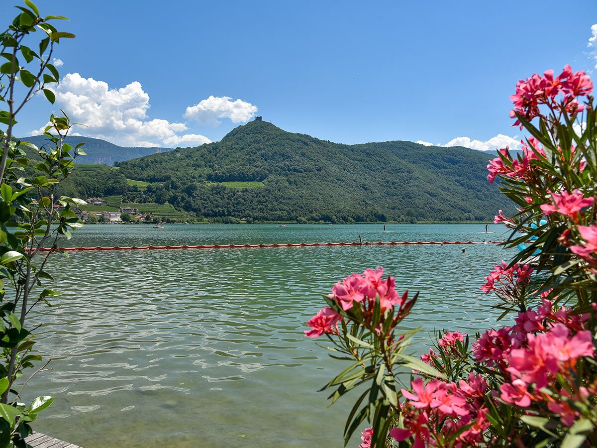 Malerischer Bergsee mit pinken Oleanderblüten, grünen Bergen, Schlossruine und Menschen auf Paddleboards unter blauem Himmel.