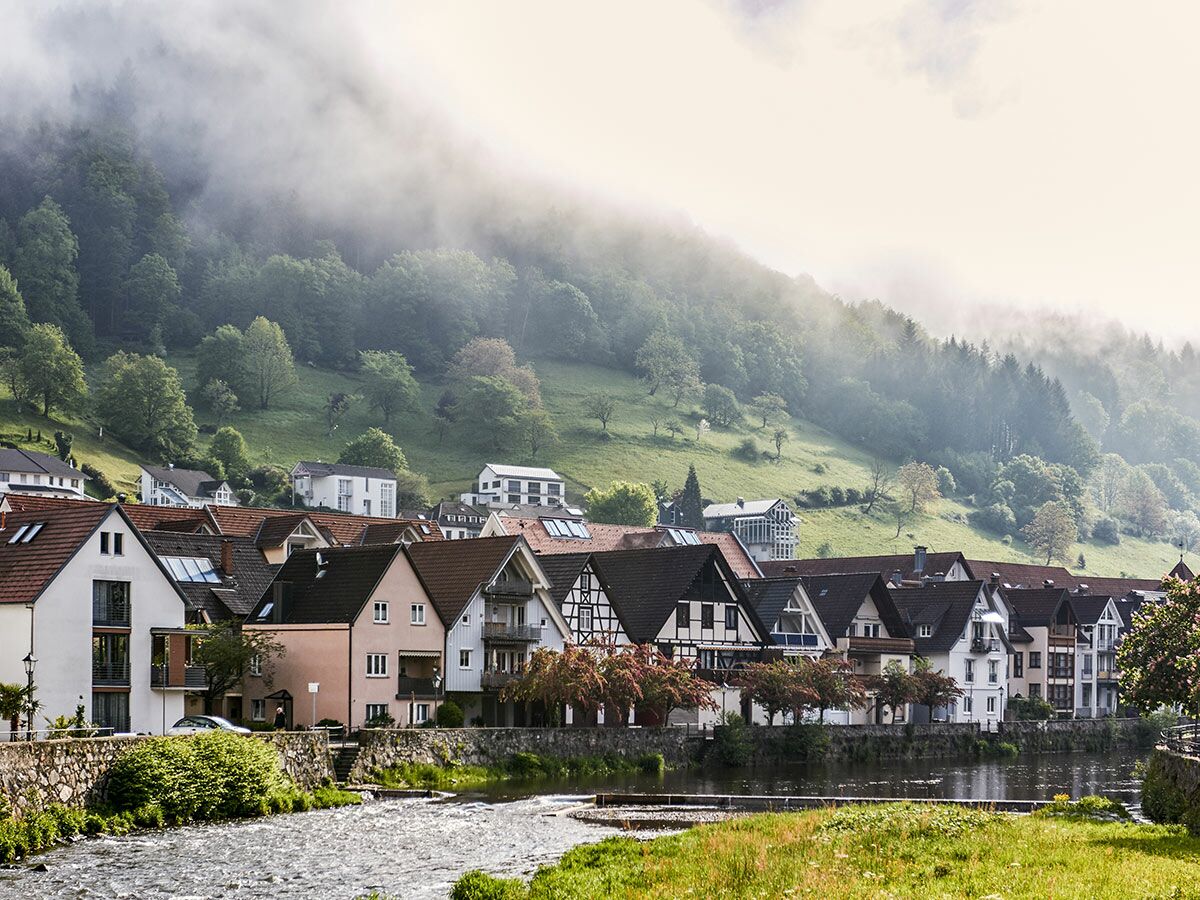 Malerisches Dorf im Schwarzwald mit traditionellen Häusern am Flussufer, umgeben von nebelverhangenen grünen Hügeln.