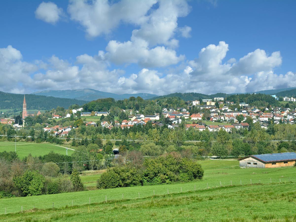Idyllisches Bergdorf mit hoher Kirchturmspitze, vielen Häusern, Wäldern und grünen Wiesen unter blauem Himmel mit Wolken.
