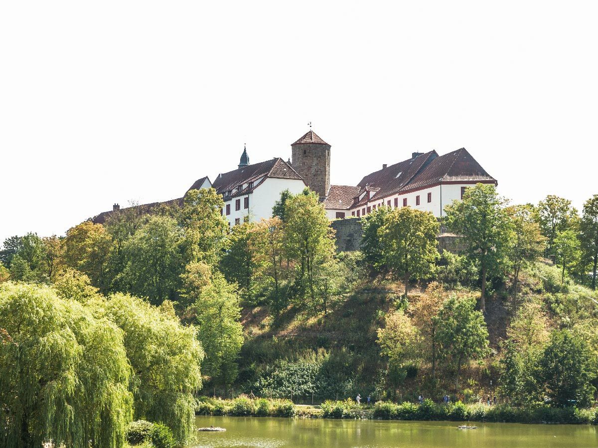 Historische Burganlage auf bewaldetem Hügel über einem Fluss, im Vordergrund grüne Bäume, Menschen am Ufer.