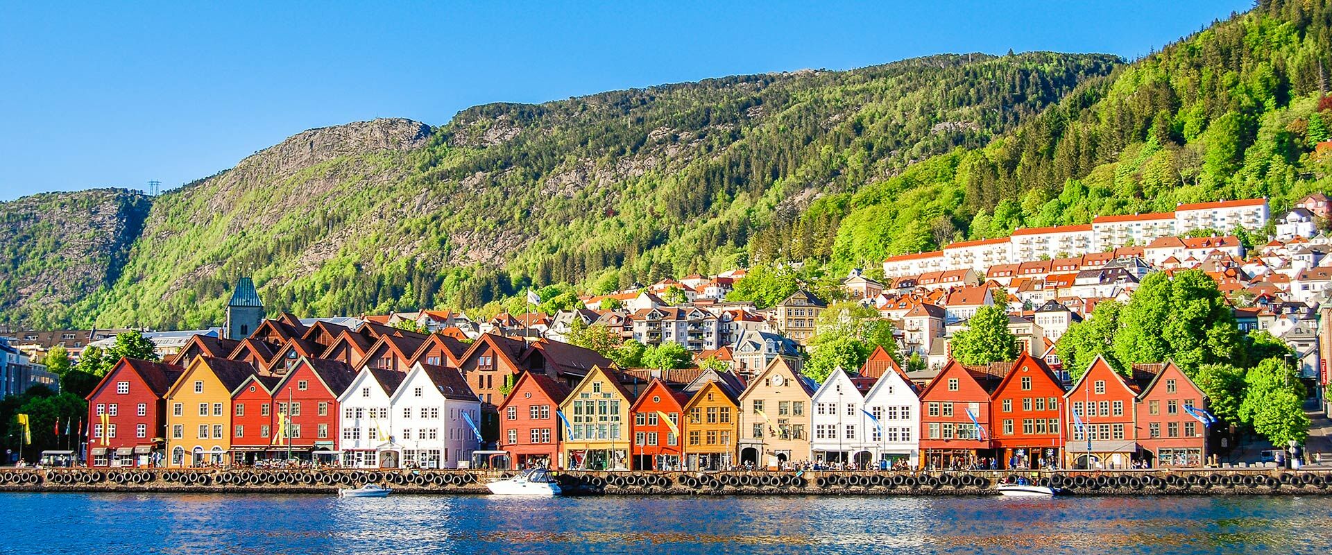 Historische bunte Holzhäuser von Bryggen in Bergen, Norwegen, am klaren blauen Hafen mit grünen Bergen im Hintergrund.