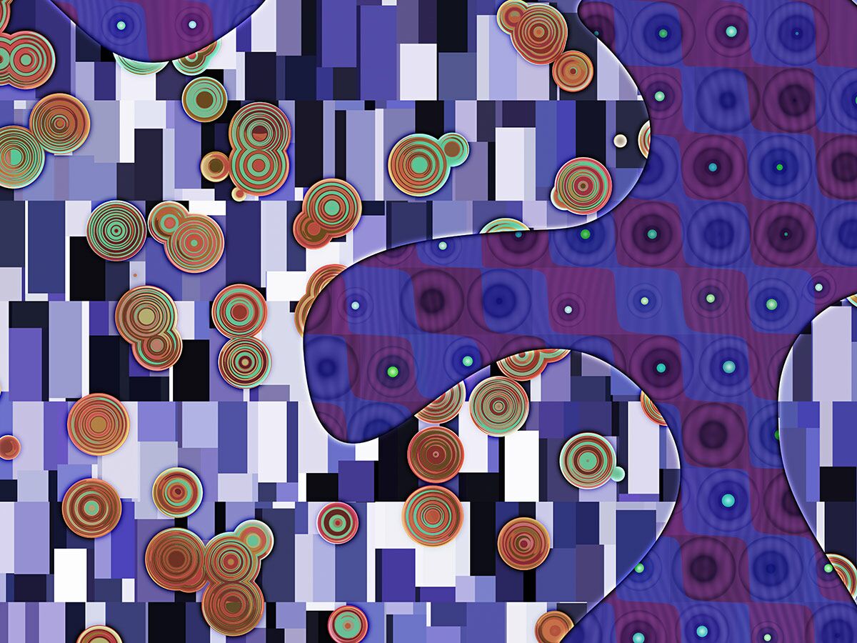Abstraktes Bild mit geometrischen Formen: Kreise in Erdtönen auf lila-blauem Rechteckmuster und wellenförmigem, strukturiertem Hintergrund.