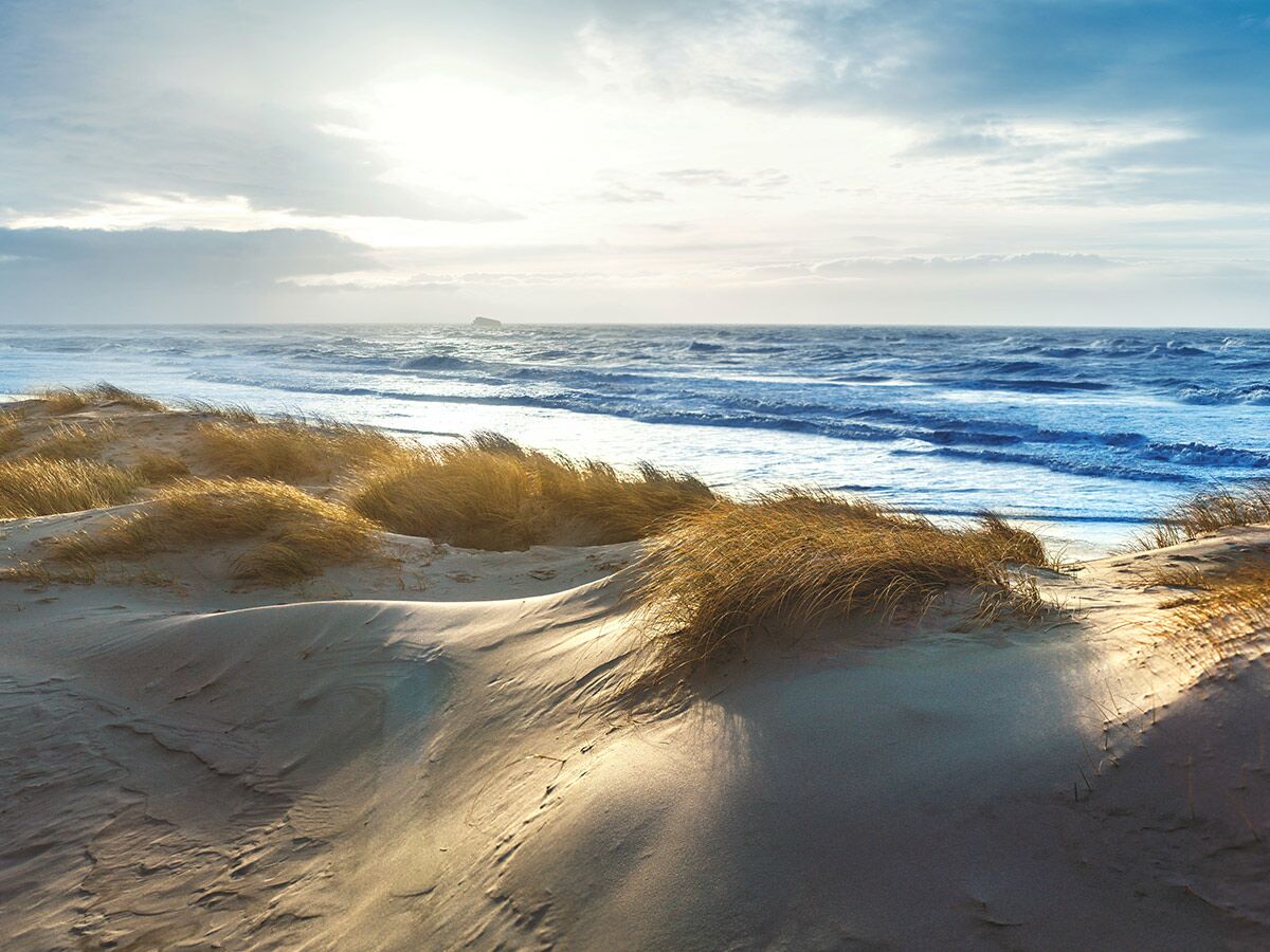 Weitläufiger Sandstrand mit hohen Dünen und trockenem Gras, blickend auf das blaue Meer mit Wellen unter hellem Himmel.