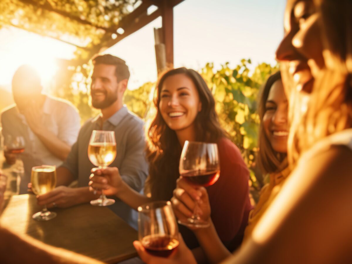 Lachende Freunde genießen eine Weinprobe im Weinberg bei Sonnenuntergang. Stimmungsvolle Golden Hour mit Wein und Gesellschaft.