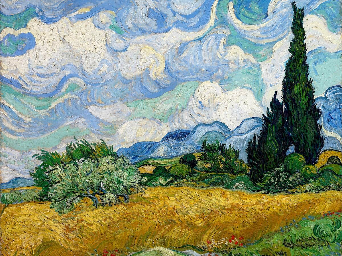 Van Gogh Gemälde: goldenes Weizenfeld, grüne Olivenbäume, hohe Zypressen, blaue Berge und dynamischer Wolkenhimmel.
