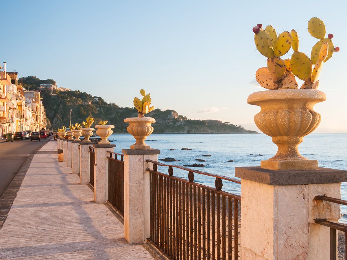 Eine von Kakteen gesäumte Promenade entlang der Küste mit Gebäuden und dem Meer im goldenen Licht.
