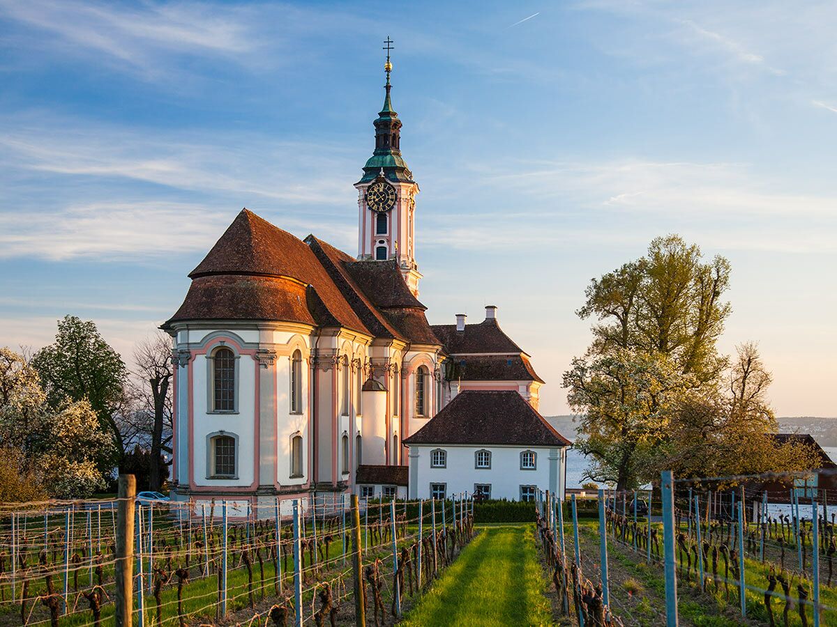 Barocke Wallfahrtskirche Birnau, Uhrturm, Weinberg, blühende Bäume am Bodensee bei Sonnenuntergang.
