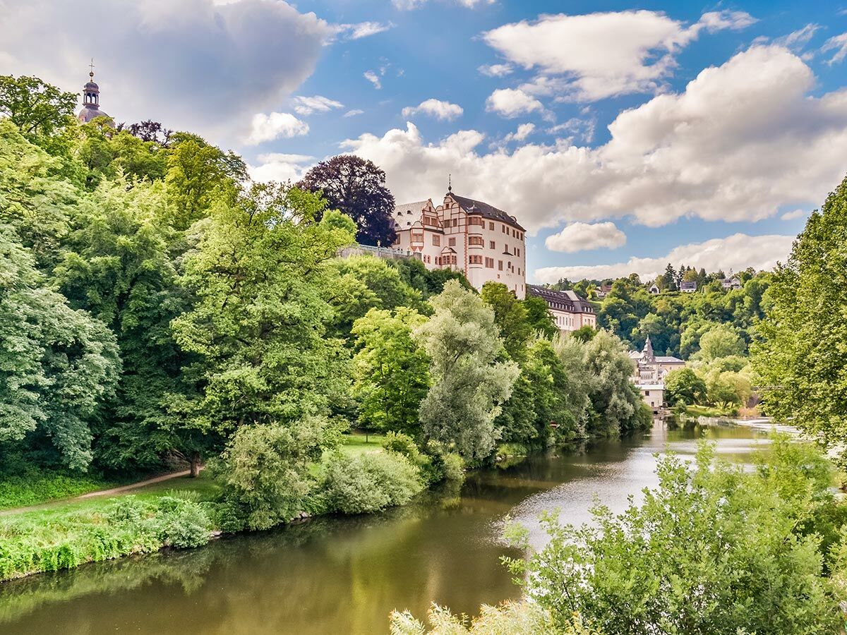 Panoramablick auf ein historisches Schloss am bewaldeten Hügel über einem ruhigen Fluss, sonniger Sommertag mit blauem Himmel.