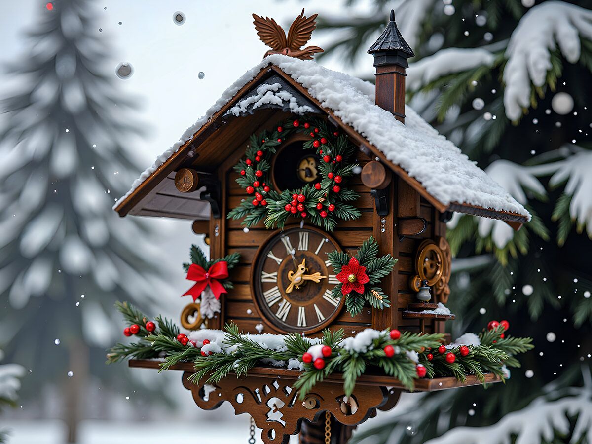 Eine festlich mit Beeren und Tannenzweigen geschmückte Kuckucksuhr im Schnee.