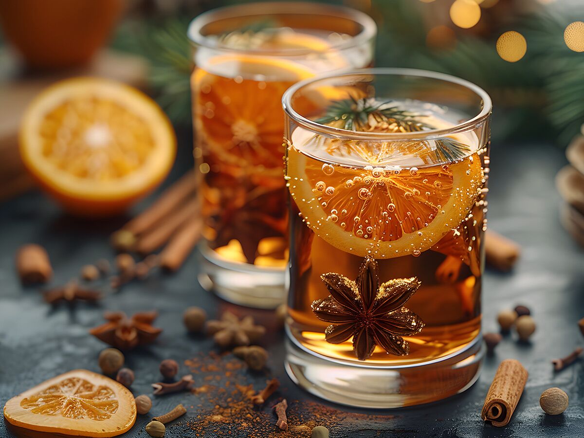 Zwei Gläser mit weihnachtlichem Orangenpunsch, garniert mit frischen Orangenscheiben, Sternanis und Tannenzweigen, umgeben von Gewürzen.