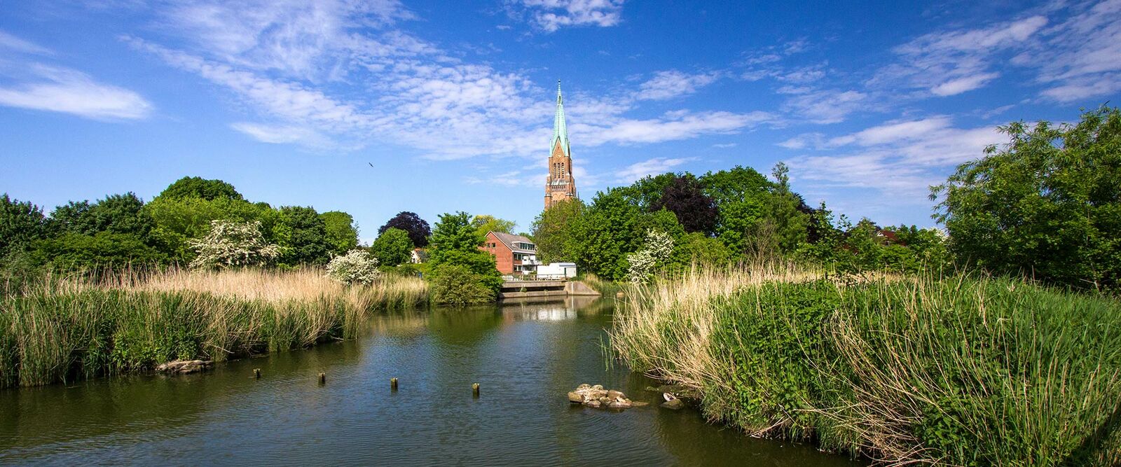 Hoher Kirchturm hinter einem Fluss, der von Schilf gesäumt ist. Grüne Bäume und blauer Himmel prägen die frühlingshafte Szene.