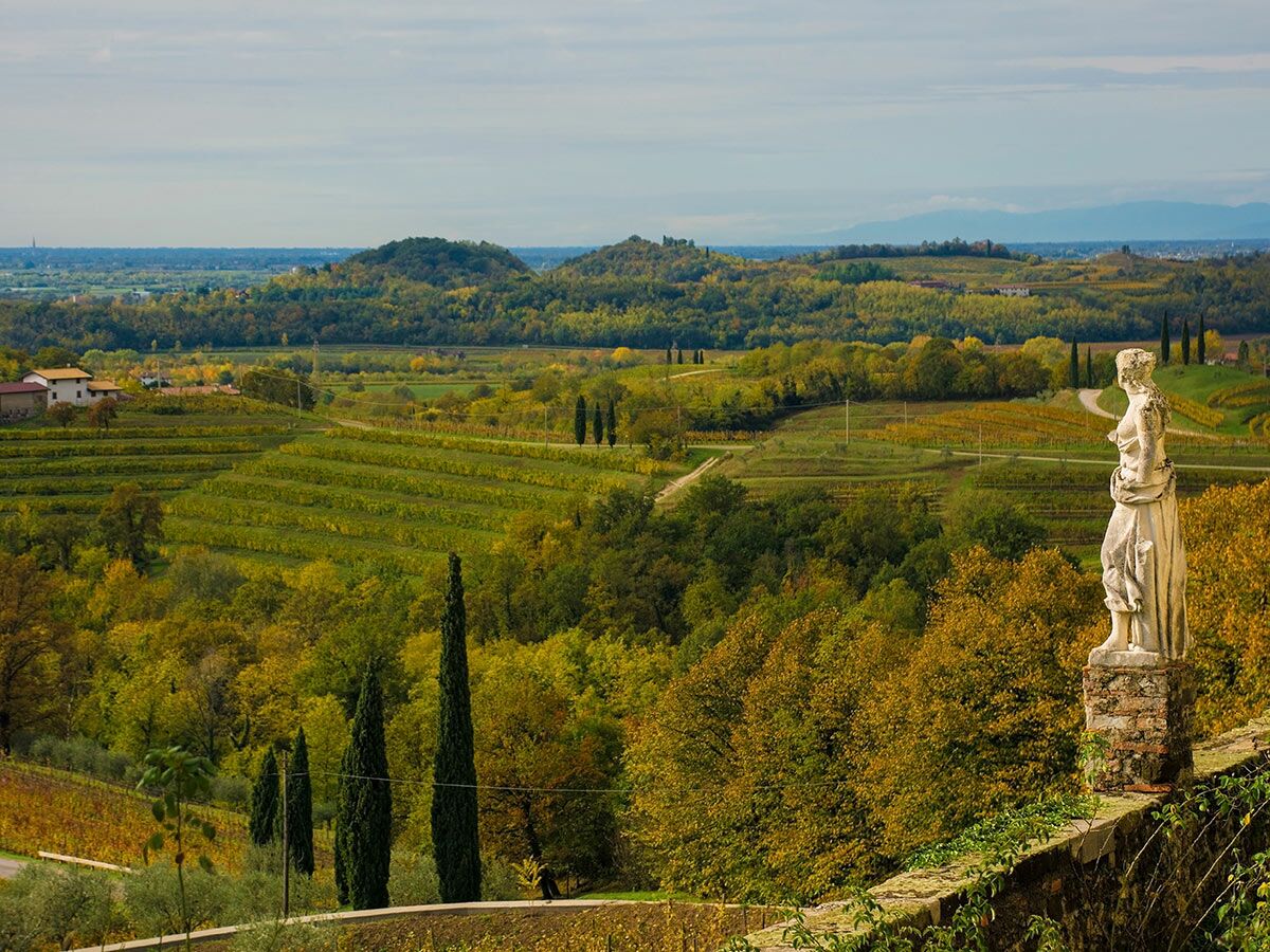 Klassische Frauenstatue blickt über terrassierte Weinberge und herbstliche Hügellandschaft, mit Wäldern und Häusern im Hintergrund.