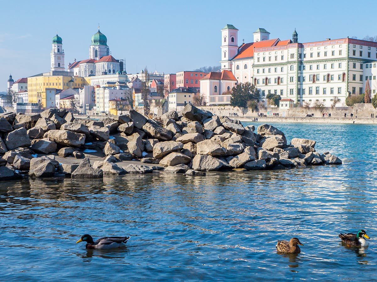 Historisches Passau Stadtbild an der Donau mit bunten Gebäuden, St. Stephansdom, Felsen und Enten bei Sonnenschein.
