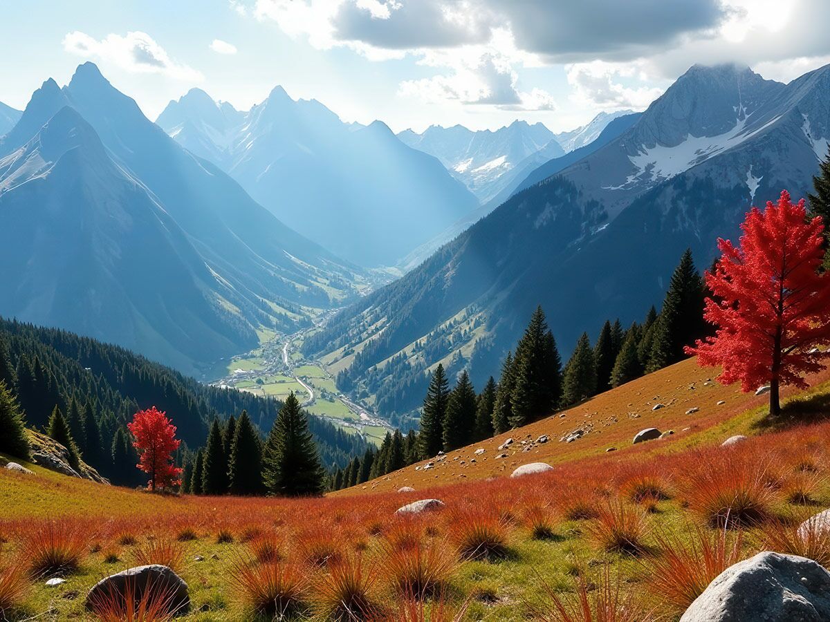 Majestätische Alpenlandschaft im Herbst: tiefes Tal mit Dorf, grüne Wälder und leuchtend rote Bäume im Vordergrund.