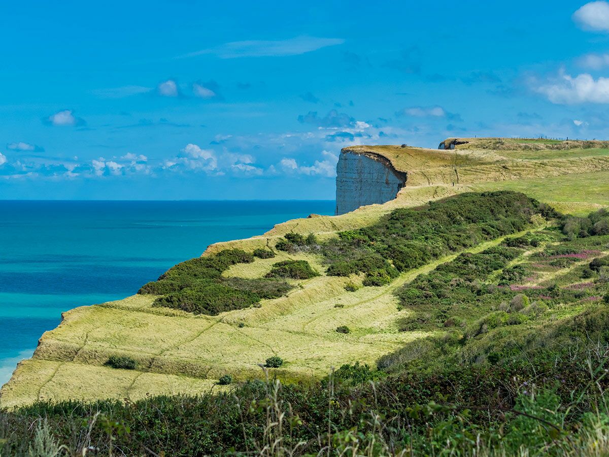 Weiße Kreidefelsen ragen ins türkisfarbene Meer. Grüne Graslandschaft mit Büschen erstreckt sich unter blauem Himmel.