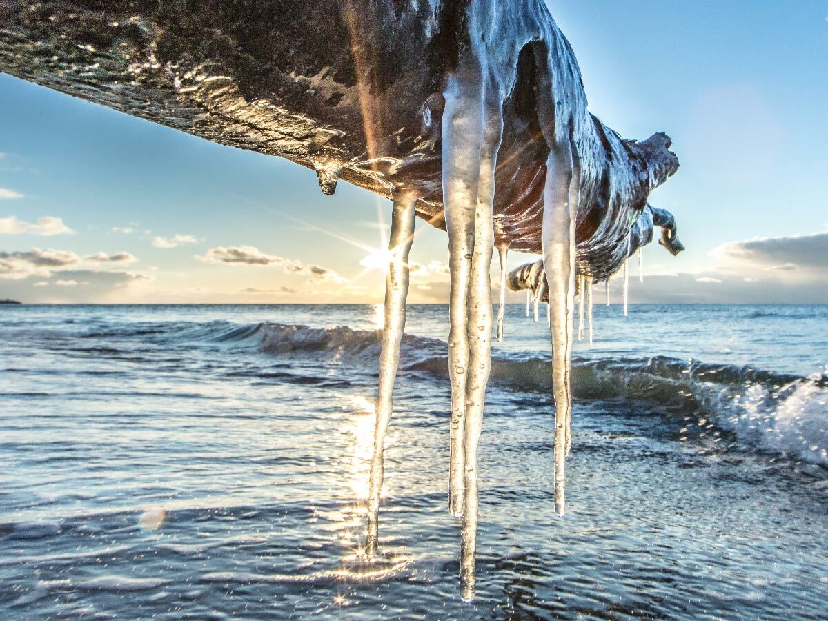 Eiszapfen hängen von einem Ast über dem Meer mit Wellen bei goldenem Sonnenuntergang, das Wasser glitzert. Winterlandschaft am Strand.