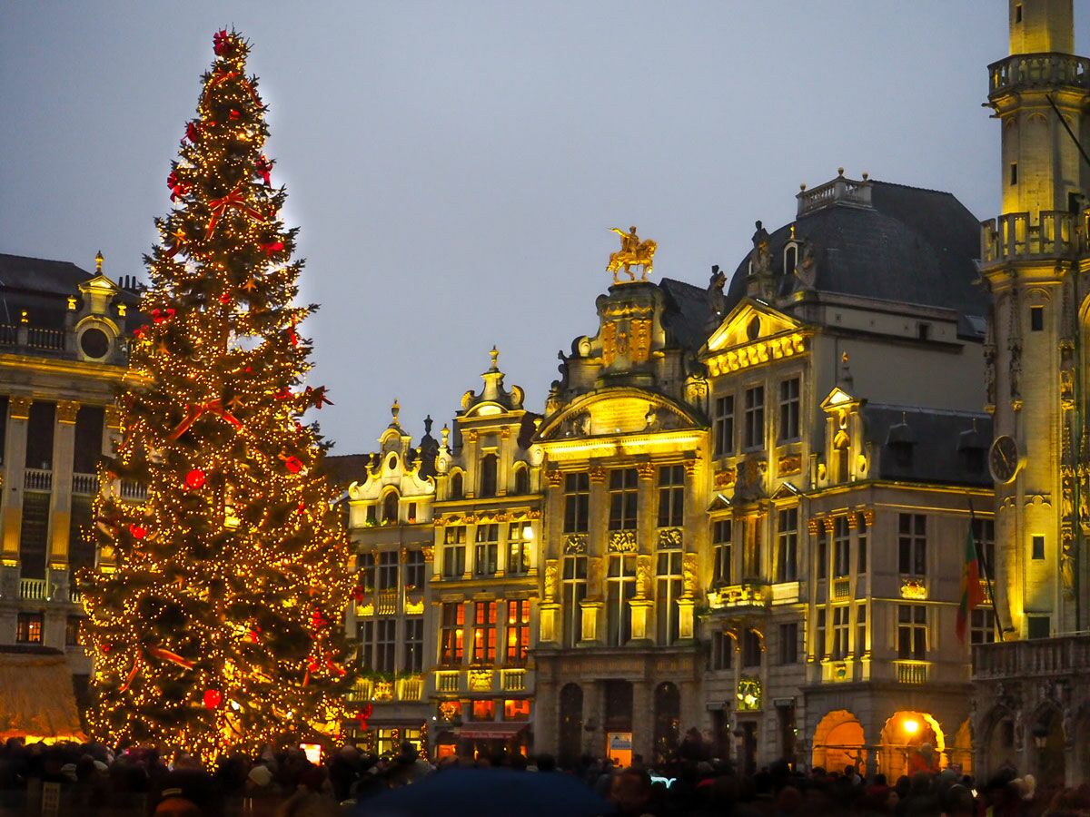 Ein festlich geschmückter Weihnachtsbaum leuchtet auf dem Grand Place in Brüssel, umgeben von beleuchteten historischen Gebäuden bei Dämmerung.
