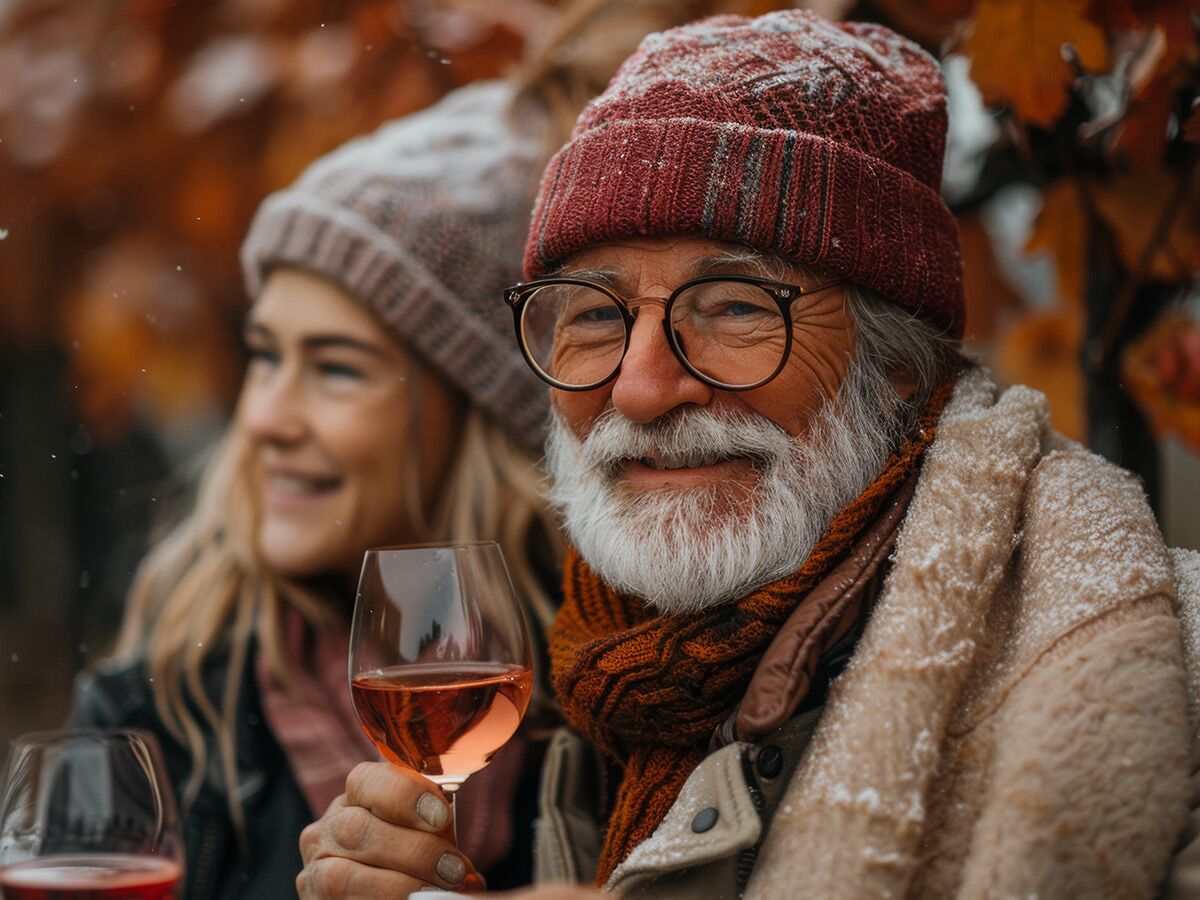 Lächelnder alter Mann mit Brille und Bart hält Roséwein im Freien; junge Frau im Hintergrund, Herbstlaub, leichter Schneefall.